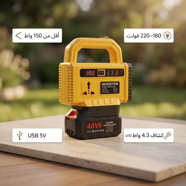 محول طاقة متنقل للرحلات بمنافذ USB وكشاف LED